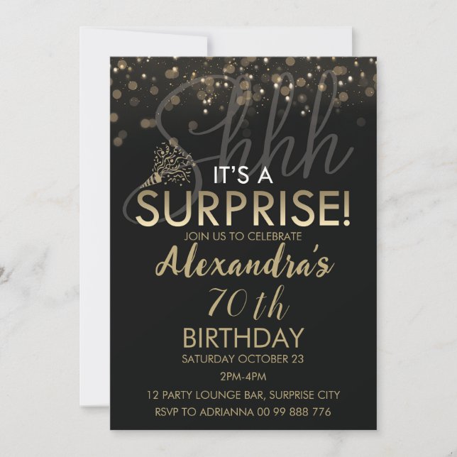 Invitación Surprise 70th Birthday Party for Women, Black (Anverso)