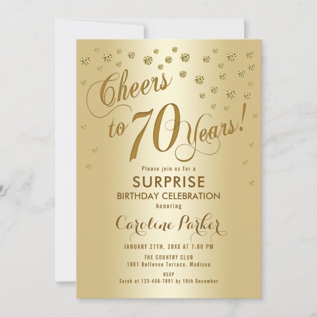 Invitación Surprise 70th Birthday Party - Gold (Anverso)