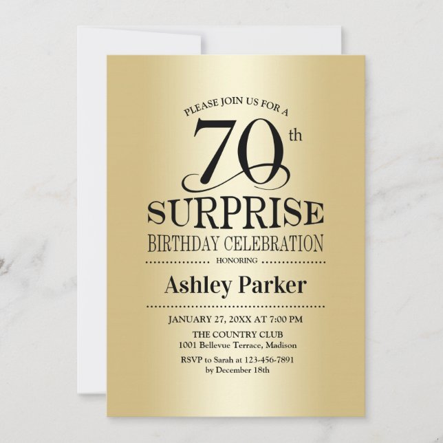 Invitación Surprise 70th Birthday Party - Gold (Anverso)