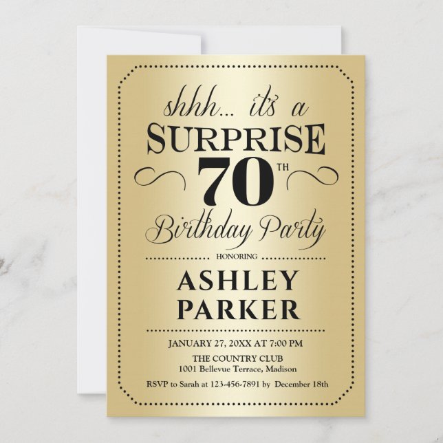 Invitación Surprise 70th Birthday Party - Gold (Anverso)