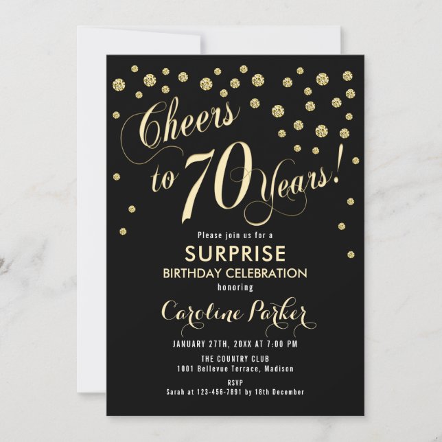 Invitación Surprise 70th Birthday Party - Gold Black (Anverso)