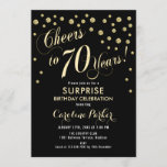 Invitación Surprise 70th Birthday Party - Gold Black<br><div class="desc">Sorpresa 70th Birthday Party Invitation Elegante diseño con falso oro purpurina y negro. Presenta el tipo de letra del guión y el perfil. ¡Saludos a 70 años! Mándame un mensaje si necesitas una edad personalizado.</div>