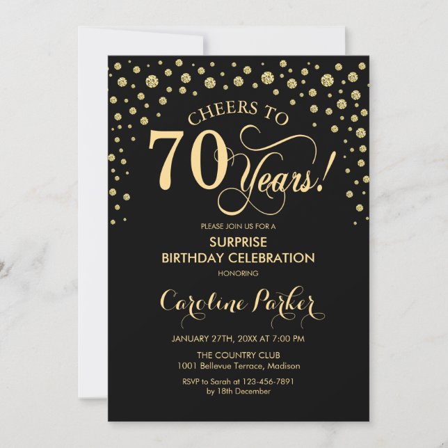 Invitación Surprise 70th Birthday Party - Gold Black (Anverso)