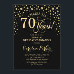 Invitación Surprise 70th Birthday Party - Gold Black<br><div class="desc">Sorpresa 70.ª Invitación a la fiesta de cumpleaños. Diseño elegante en oro negro y falso purpurina . Presenta el tipo de letra de guión y los diamantes confetti. ¡Saludos a 70 años! Mándame un mensaje si necesitas más personalización.</div>