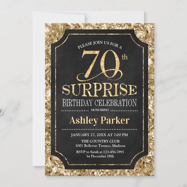 Invitación Surprise 70th Birthday Party - Gold Black (Anverso)