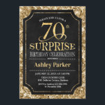 Invitación Surprise 70th Birthday Party - Gold Black<br><div class="desc">Sorpresa 70.ª Invitación a la celebración de cumpleaños. Elegante diseño elegante con un patrón oro negro y falso purpurina. Presenta una fuente de script elegante. Mándame un mensaje si necesitas más personalización.</div>