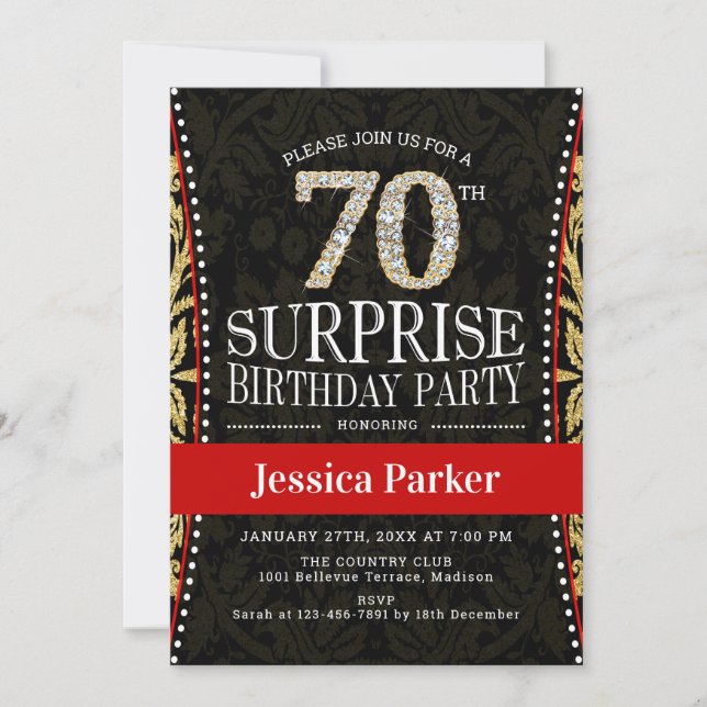 Invitación Surprise 70th Birthday Party - Gold Black Red (Anverso)