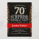 Invitación Surprise 70th Birthday Party - Gold Black Red<br><div class="desc">Sorpresa 70th Birthday Party Invitation Elegante diseño en falso oro purpurina,  negro y rojo.</div>