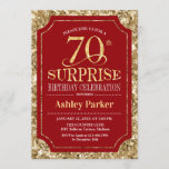 Invitación Surprise 70th Birthday Party - Gold Red<br><div class="desc">Sorpresa 70.ª Invitación a la celebración de cumpleaños. Elegante diseño elegante en tonos rojos oscuros y purpurinas falsos. Presenta una fuente de script elegante. Mándame un mensaje si necesitas más personalización.</div>