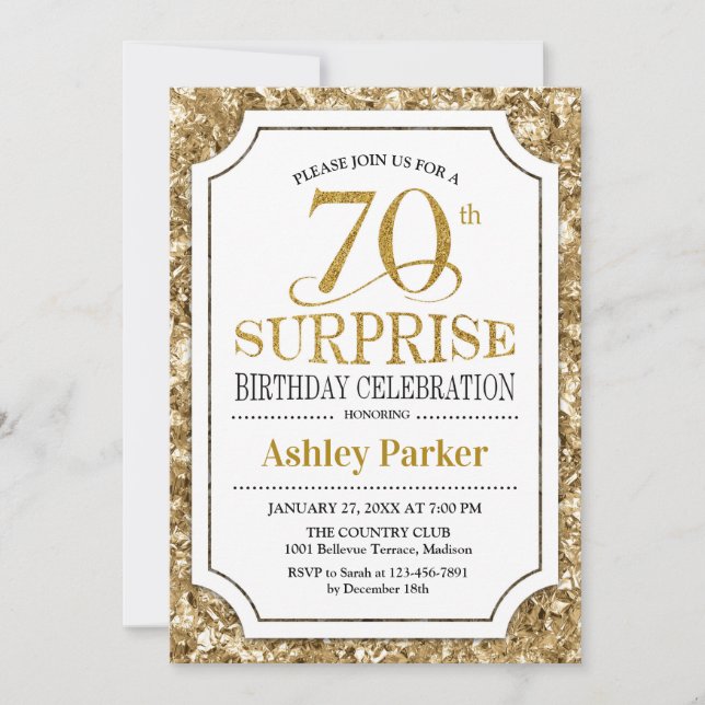 Invitación Surprise 70th Birthday Party - Gold White (Anverso)