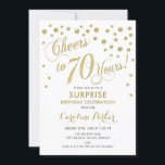 Invitación Surprise 70th Birthday Party - Gold White<br><div class="desc">Sorpresa 70th Birthday Party Invitation Elegante diseño con falso oro purpurina y blanco. Presenta el tipo de letra del guión y el perfil. ¡Saludos a 70 años! Mándame un mensaje si necesitas una edad personalizado.</div>