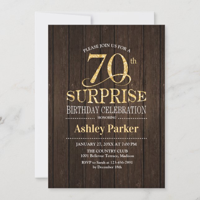 Invitación Surprise 70th Birthday Party - Gold Wood (Anverso)