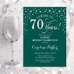 Invitación Surprise 70th Birthday Party - Green Silver<br><div class="desc">Sorpresa 70.ª Invitación a la fiesta de cumpleaños. Elegante diseño en verde esmeralda y falsa plata purpurina. Presenta el tipo de letra de guión y los diamantes confetti. ¡Saludos a 70 años! Mándame un mensaje si necesitas más personalización.</div>