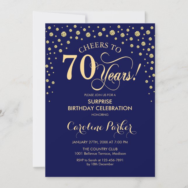 Invitación Surprise 70th Birthday Party - Marina Blue Gold (Anverso)