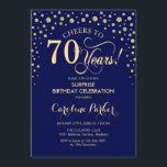 Invitación Surprise 70th Birthday Party - Marina Blue Gold<br><div class="desc">Sorpresa 70.ª Invitación a la fiesta de cumpleaños. Elegante diseño en azul marino y falso oro purpurina. Presenta el tipo de letra de guión y los diamantes confetti. ¡Saludos a 70 años! Mándame un mensaje si necesitas más personalización.</div>