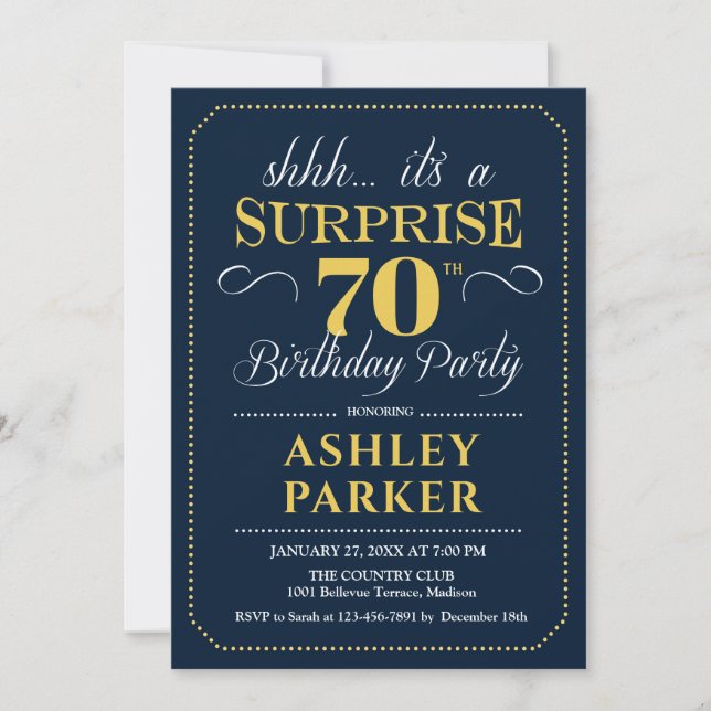Invitación Surprise 70th Birthday Party - Navy Gold (Anverso)