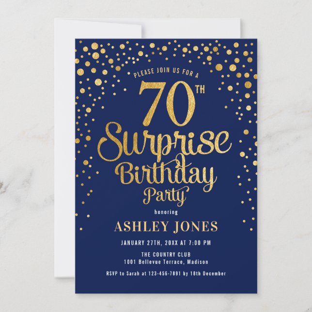 Invitación Surprise 70th Birthday Party - Navy & Gold (Anverso)