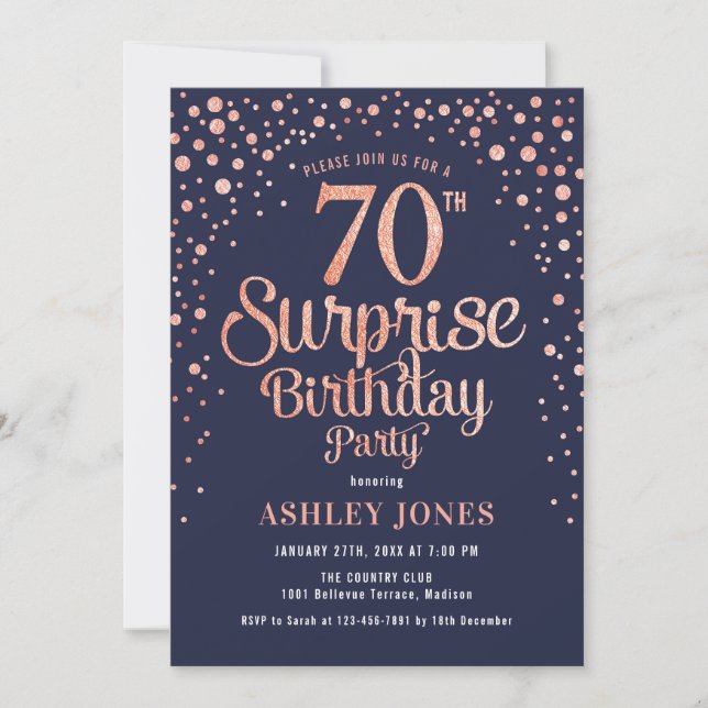Invitación Surprise 70th Birthday Party - Navy & Rosa Gold (Anverso)