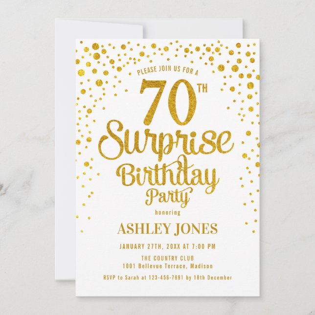 Invitación Surprise 70th Birthday Party - Oro y Blanco (Anverso)