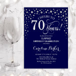 Invitación Surprise 70th Birthday Party - Plata de la Marina<br><div class="desc">Sorpresa 70.ª Invitación a la fiesta de cumpleaños. Elegante diseño en azul marino y falsa plata purpurina. Presenta el tipo de letra de guión y los diamantes confetti. ¡Saludos a 70 años! Mándame un mensaje si necesitas más personalización.</div>