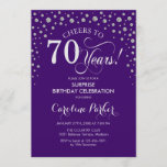 Invitación Surprise 70th Birthday Party - Plata Morada<br><div class="desc">Sorpresa 70.ª Invitación a la fiesta de cumpleaños. Elegante diseño en color púrpura y falso purpurina plateado. Presenta el tipo de letra de guión y los diamantes confetti. ¡Saludos a 70 años! Mándame un mensaje si necesitas más personalización.</div>