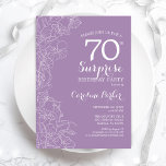 Invitación Surprise 70th Birthday Party - Purple Floral<br><div class="desc">Invitación a la fiesta de cumpleaños 70 de Purple Floral Surprise. Diseño moderno minimalista con acentos botánicos y tipo de letra de escritura tipográfica. Tarjeta de invitación femenina simple perfecta para una elegante celebración de cumpleaños sorpresa femenina. Se puede personalizar a cualquier edad.</div>