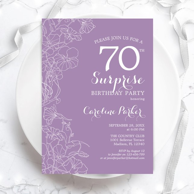 Invitación Surprise 70th Birthday Party - Purple Floral (Subido por el creador)