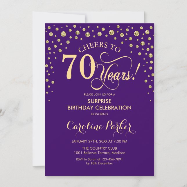 Invitación Surprise 70th Birthday Party - Purple Gold (Anverso)