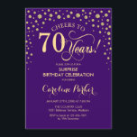 Invitación Surprise 70th Birthday Party - Purple Gold<br><div class="desc">Sorpresa 70.ª Invitación a la fiesta de cumpleaños. Elegante diseño de color púrpura real y oro falso purpurina. Presenta el tipo de letra de guión y los diamantes confetti. ¡Saludos a 70 años! Mándame un mensaje si necesitas más personalización.</div>