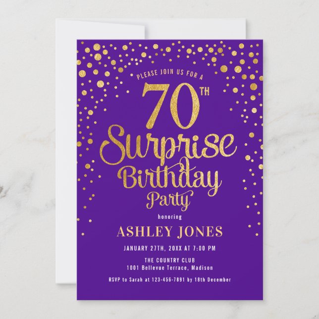 Invitación Surprise 70th Birthday Party - Purple & Gold (Anverso)
