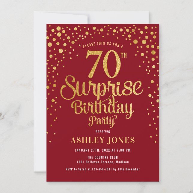 Invitación Surprise 70th Birthday Party - Red & Gold (Anverso)