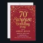 Invitación Surprise 70th Birthday Party - Red & Gold<br><div class="desc">Sorpresa 70.ª Invitación a la fiesta de cumpleaños. Elegante diseño de color rojo oscuro y falso oro purpurina. Presenta un diseño elegante de tipo de letra y letra de guión. Mándame un mensaje si necesitas edad personalizado.</div>