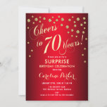 Invitación Surprise 70th Birthday Party - Red Gold<br><div class="desc">Sorpresa 70th Birthday Party Invitation Elegante diseño en rojo con falso patrón purpurina. Presenta el tipo de letra del guión y el perfil. ¡Saludos a 70 años! Mándame un mensaje si necesitas una edad personalizado.</div>