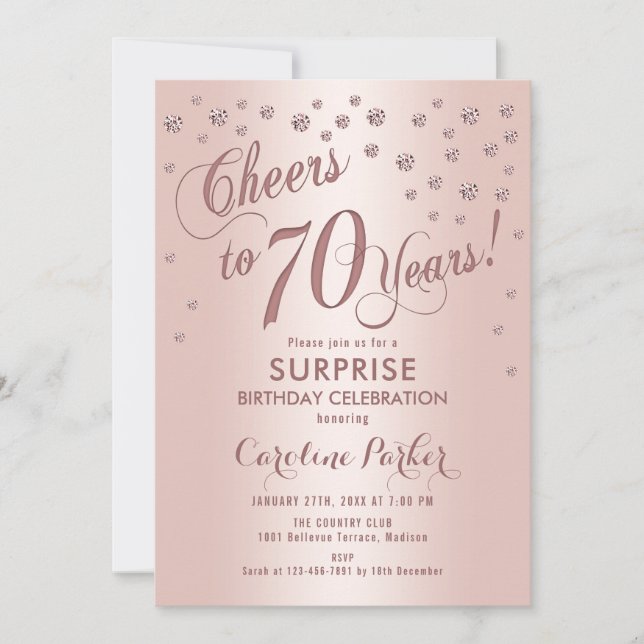 Invitación Surprise 70th Birthday Party - Rosa Gold (Anverso)