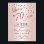 Invitación Surprise 70th Birthday Party - Rosa Gold<br><div class="desc">Sorpresa 70th Birthday Party Invitation Elegante diseño con falso oro rosa purpurina. Presenta el tipo de letra del guión y el perfil. ¡Saludos a 70 años! Mándame un mensaje si necesitas una edad personalizado.</div>