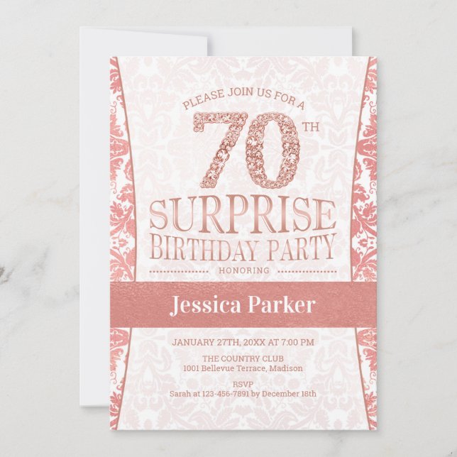 Invitación Surprise 70th Birthday Party - Rosa Gold White (Anverso)