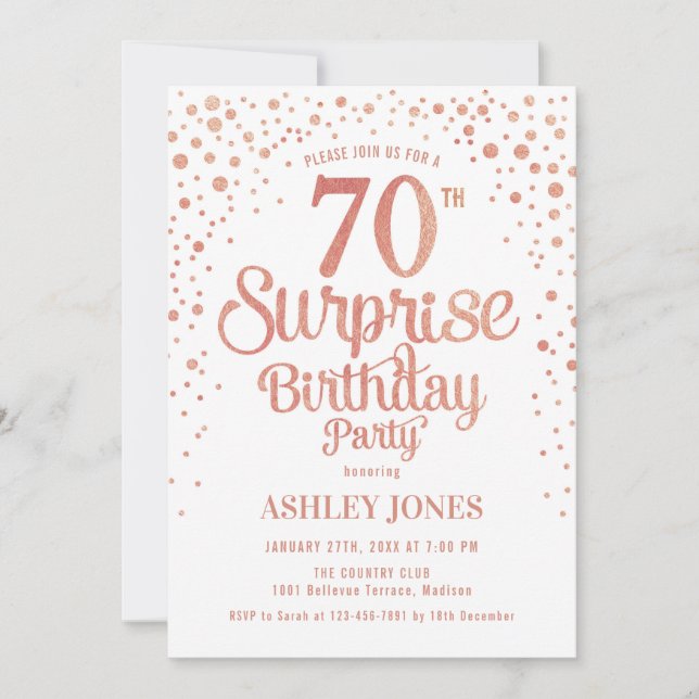 Invitación Surprise 70th Birthday Party - Rosa Gold & White (Anverso)