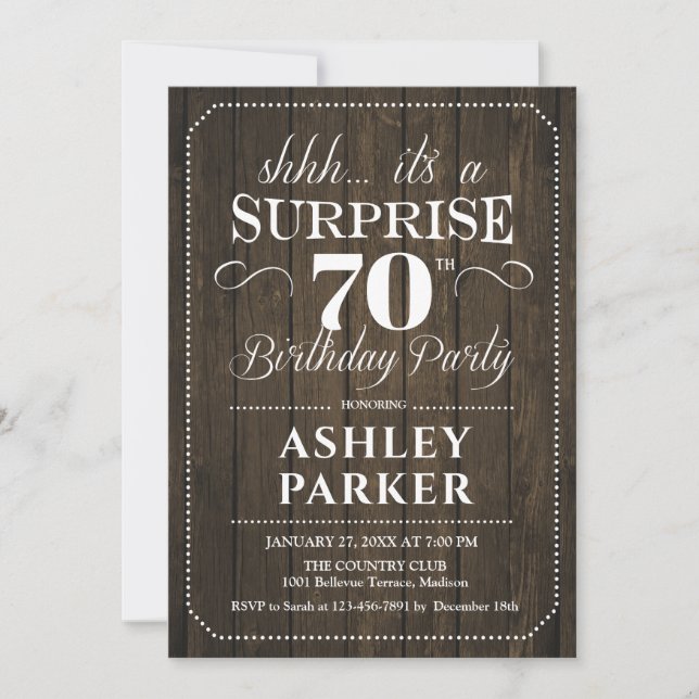 Invitación Surprise 70th Birthday Party - Rustic Wood (Anverso)