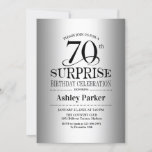 Invitación Surprise 70th Birthday Party - Silver<br><div class="desc">Sorpresa 70.ª Invitación a la celebración de cumpleaños. Elegante diseño elegante con un falso Relieve metalizado plateado. Presenta una fuente de script elegante. Mándame un mensaje si necesitas más personalización.</div>