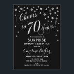 Invitación Surprise 70th Birthday Party - Silver Black<br><div class="desc">Sorpresa 70th Birthday Party Invitation Elegante diseño con finas plata purpurina y negro. Presenta el tipo de letra del guión y el perfil. ¡Saludos a 70 años! Mándame un mensaje si necesitas una edad personalizado.</div>