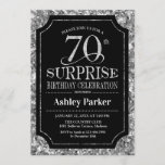 Invitación Surprise 70th Birthday Party - Silver Black<br><div class="desc">Sorpresa 70.ª Invitación a la celebración de cumpleaños. Elegante diseño elegante en negro y falso purpurina plateado. Presenta una fuente de script elegante. Mándame un mensaje si necesitas más personalización.</div>