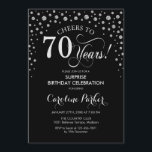 Invitación Surprise 70th Birthday Party - Silver Black<br><div class="desc">Sorpresa 70.ª Invitación a la fiesta de cumpleaños. Elegante diseño en negro y falso purpurina plateado. Presenta el tipo de letra de guión y los diamantes confetti. ¡Saludos a 70 años! Mándame un mensaje si necesitas más personalización.</div>