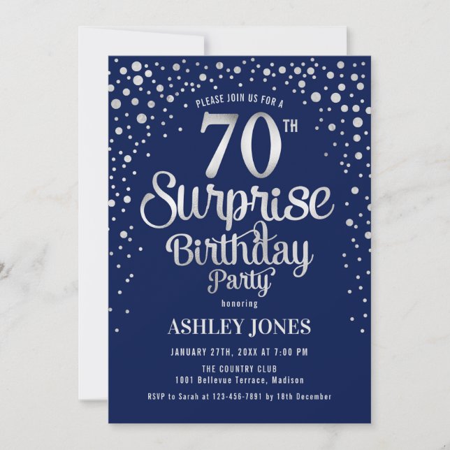 Invitación Surprise 70th Birthday Party - Silver & Navy Blue (Anverso)