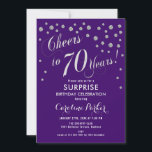 Invitación Surprise 70th Birthday Party - Silver Purple<br><div class="desc">Sorpresa 70th Birthday Party Invitation Elegante diseño con finas plata purpurina y morado. Presenta el tipo de letra del guión y el perfil. ¡Saludos a 70 años! Mándame un mensaje si necesitas una edad personalizado.</div>