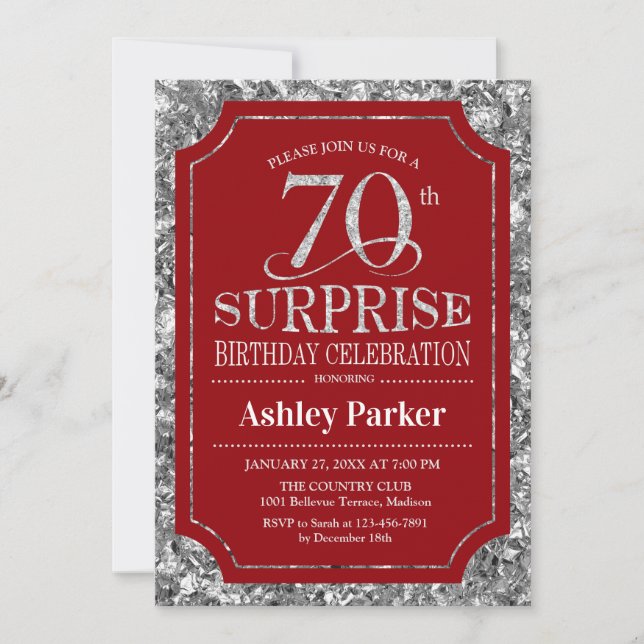 Invitación Surprise 70th Birthday Party - Silver Red (Anverso)