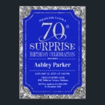 Invitación Surprise 70th Birthday Party - Silver Royal Blue<br><div class="desc">Sorpresa 70.ª Invitación a la celebración de cumpleaños. Elegante diseño elegante en azul real y falso purpurina plateado. Presenta una fuente de script elegante. Mándame un mensaje si necesitas más personalización.</div>