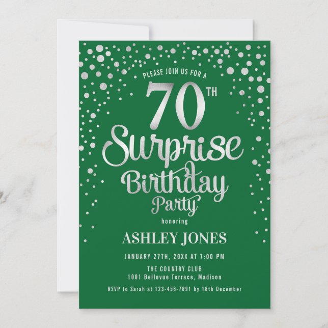 Invitación Surprise 70th Birthday Party - Silver y Green (Anverso)