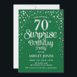 Invitación Surprise 70th Birthday Party - Silver y Green<br><div class="desc">Sorpresa 70.ª Invitación a la fiesta de cumpleaños. Elegante diseño en verde esmeralda forestal y falsa plata purpurina. Presenta un diseño elegante de tipo de letra y letra de guión. Mándame un mensaje si necesitas edad personalizado.</div>