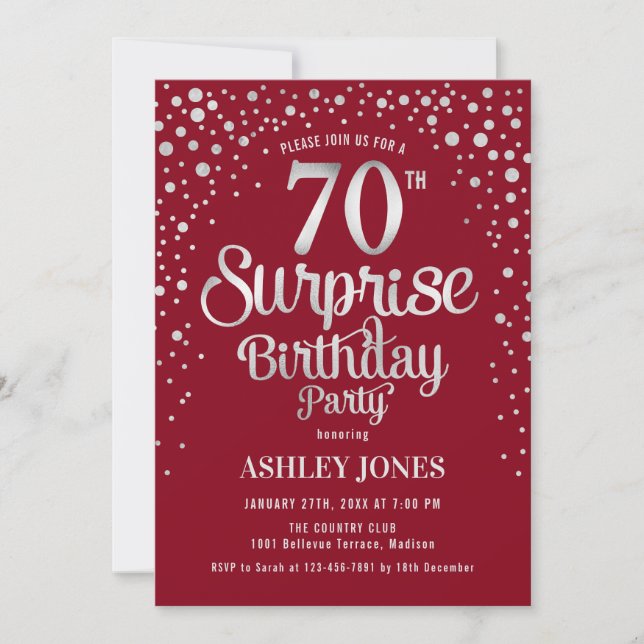 Invitación Surprise 70th Birthday Party - Silver y Red (Anverso)