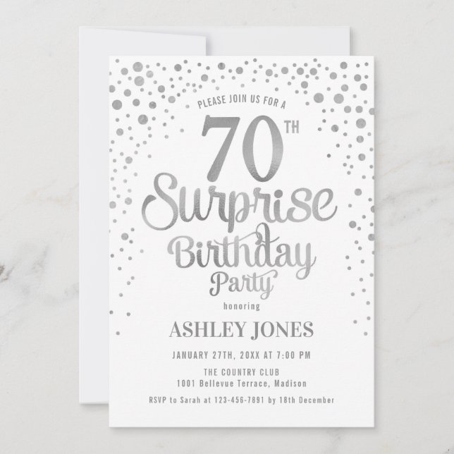 Invitación Surprise 70th Birthday Party - Silver y White (Anverso)